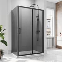 ELEGANT 1000 x 760mm Black Sliding Shower Door With Side Panel 8mm Easy Clean Nano Glass Shower Enclosure